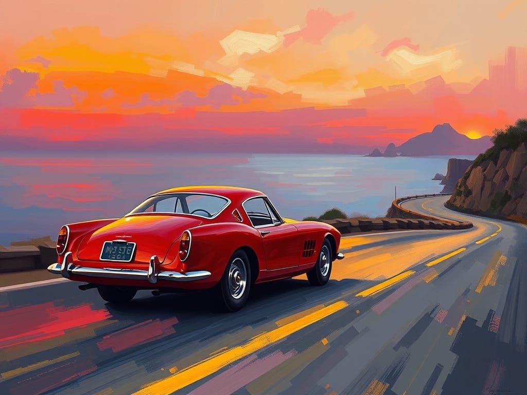 1950s Ferrari GT on Coastal Road at Dusk