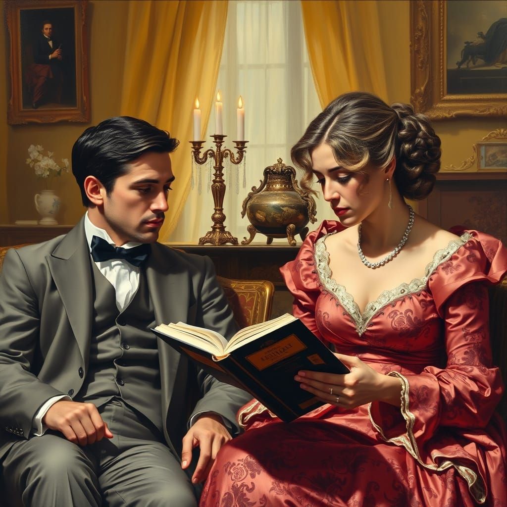 Sad Wife in 19th-Century Parlor, Romantic Oil Painting