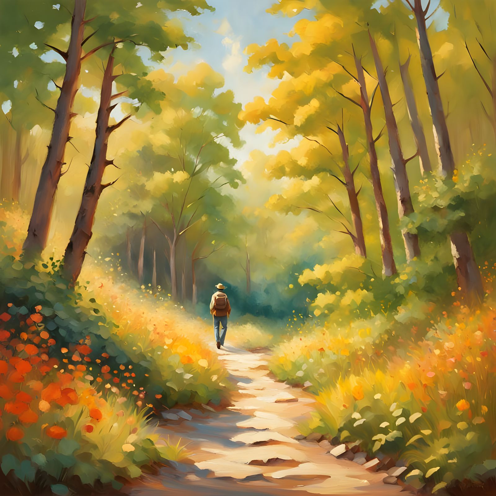Whimsical Oil Painting of a Gentle Countryside Stroll