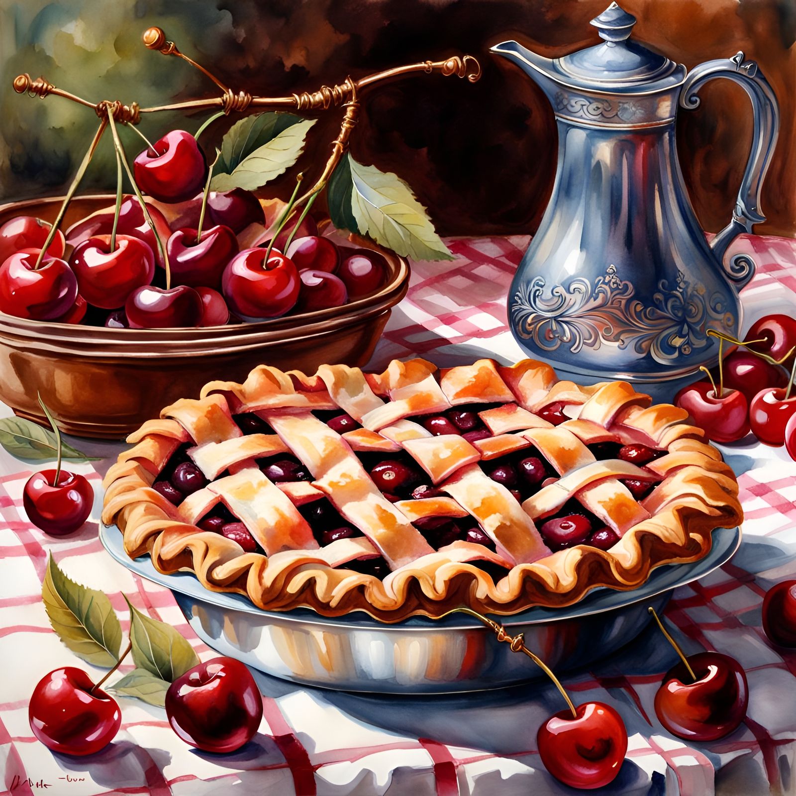 Retro Kitchen Cherry Pie in Watercolor Style