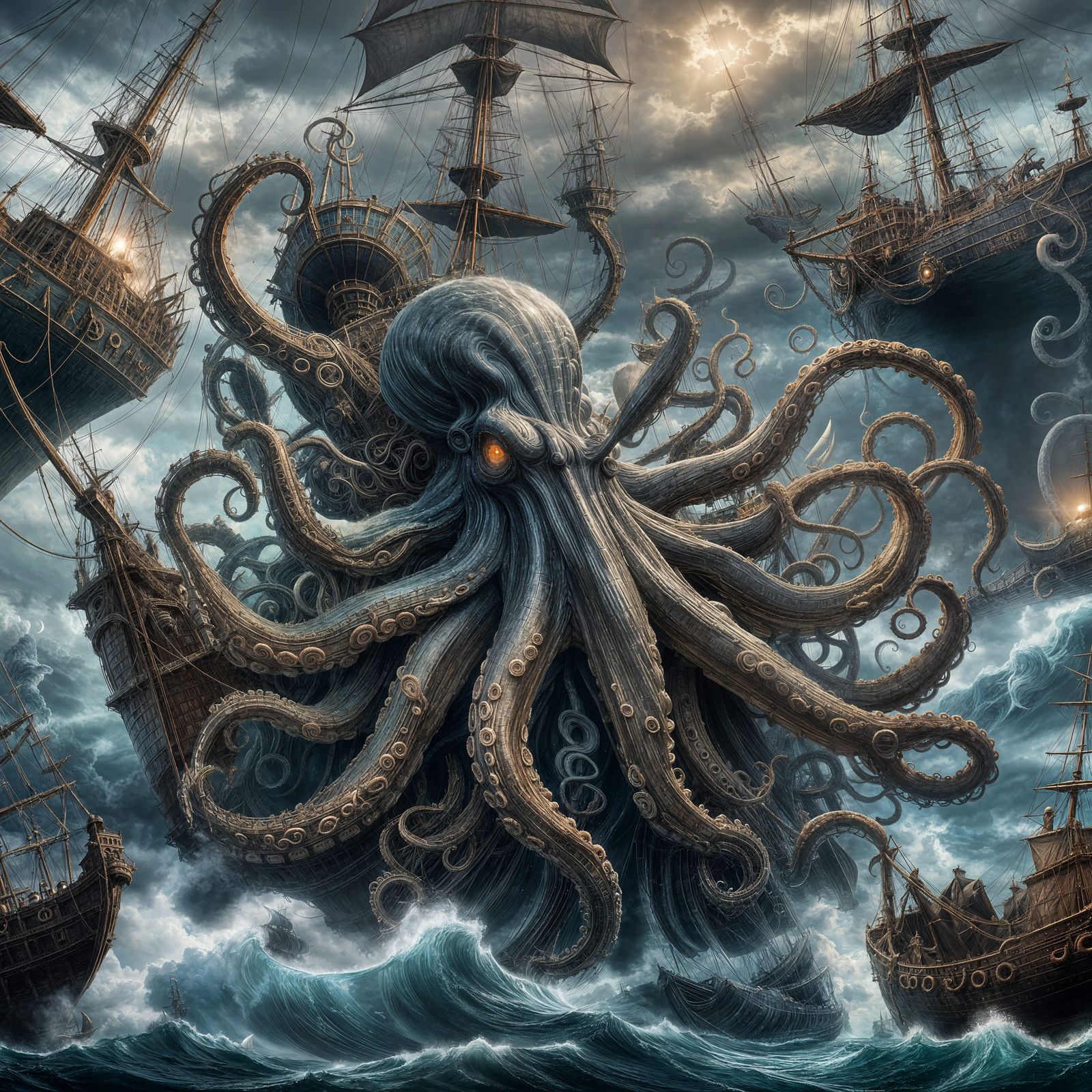 Giant Octopus Attacks Sailing Ship in Surreal Ocean Scene