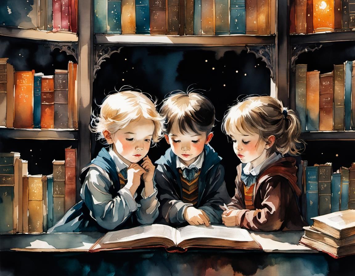 Children Hide in Hogwarts Library, Ink and Watercolor
