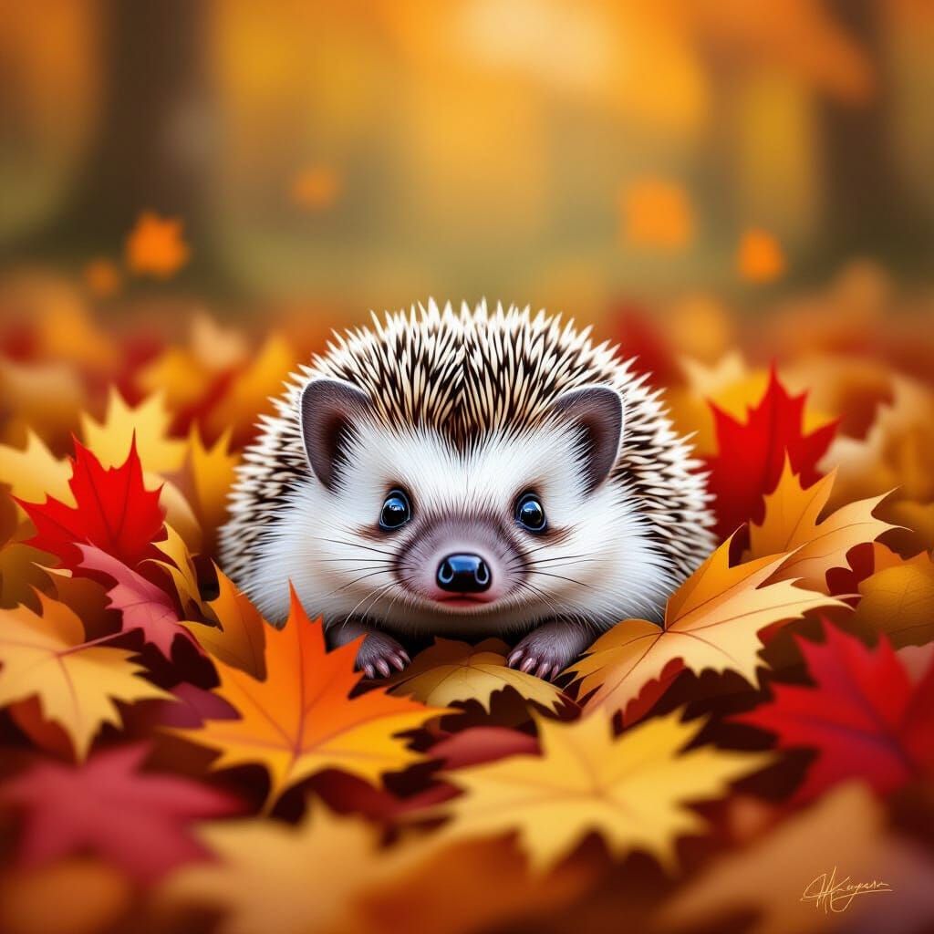 Tiny Hedgehog in Autumn Leaves