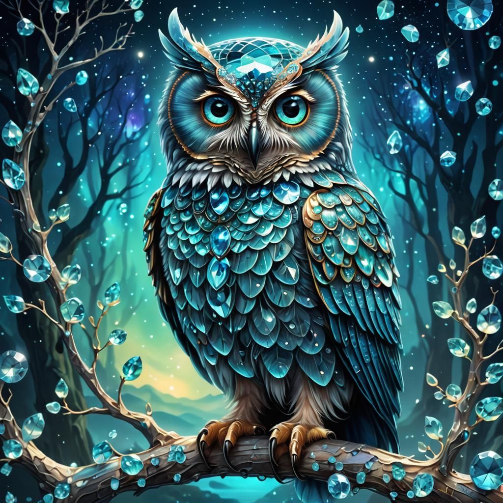 Aquamarine Owl with Luminous Aurora Backdrop