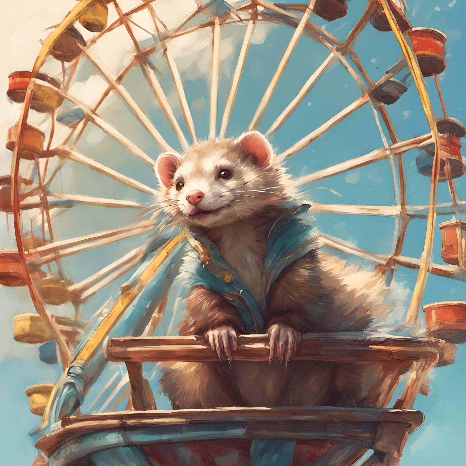 Happy Ferret Rides Ferris Wheel: Digital Illustration