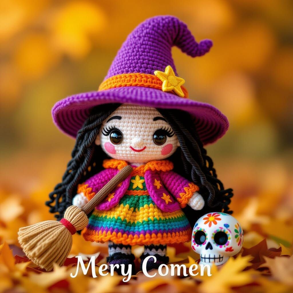 Amigurumi Witch Doll Chibi with Broom and Calaverita