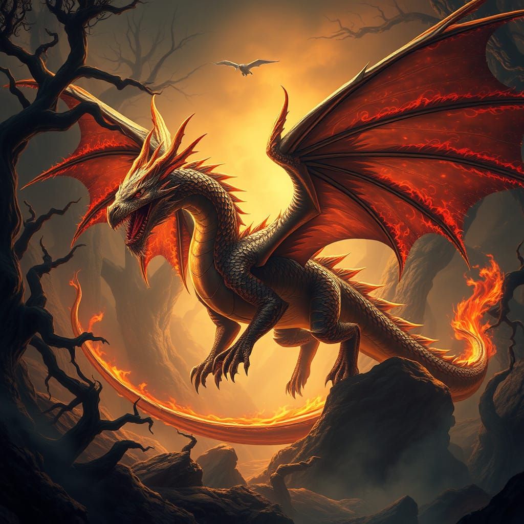 Majestic Fire-Breathing Dragon in Iridescent Armor Set Amids...