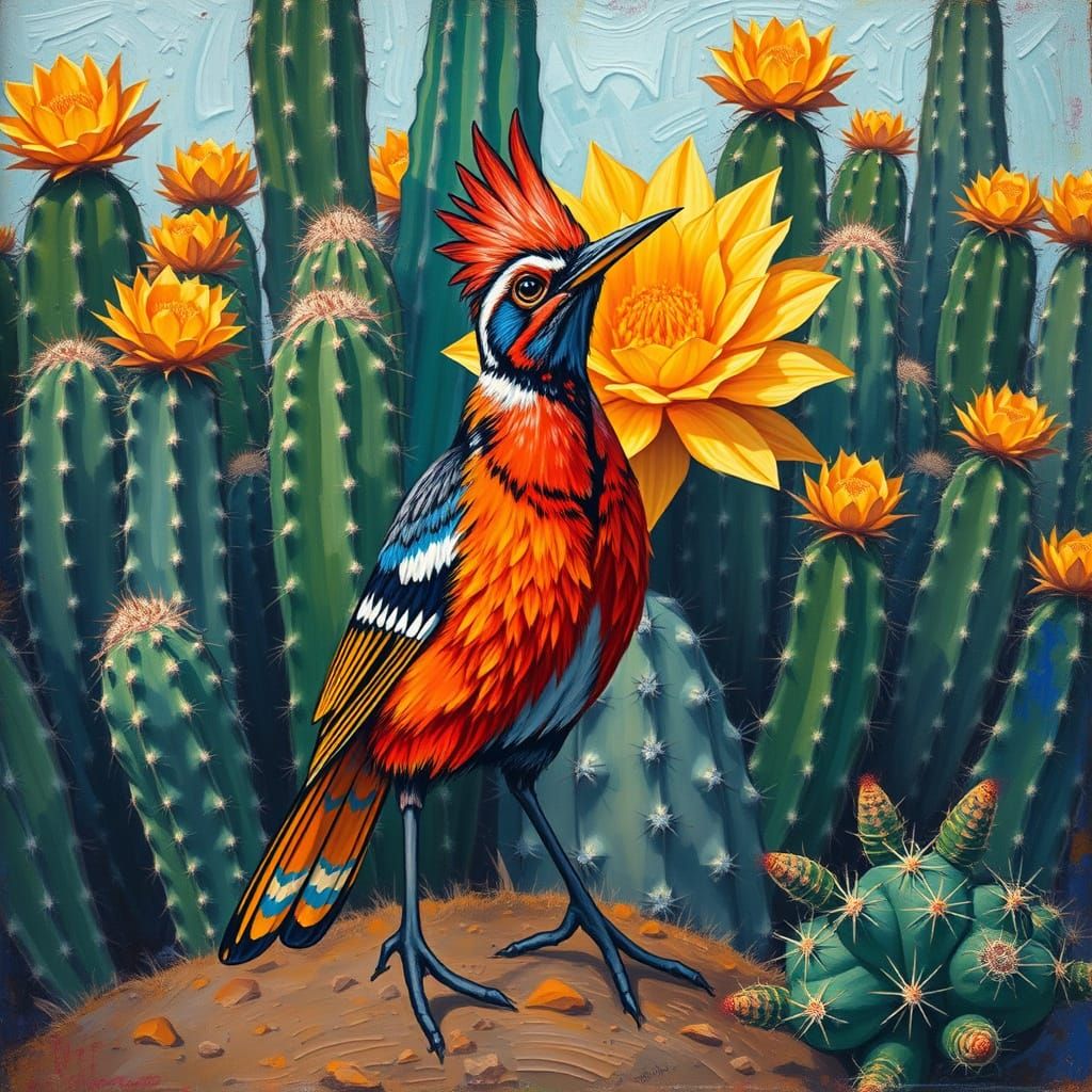 Roadrunner and Cactus Painting in Impasto Style