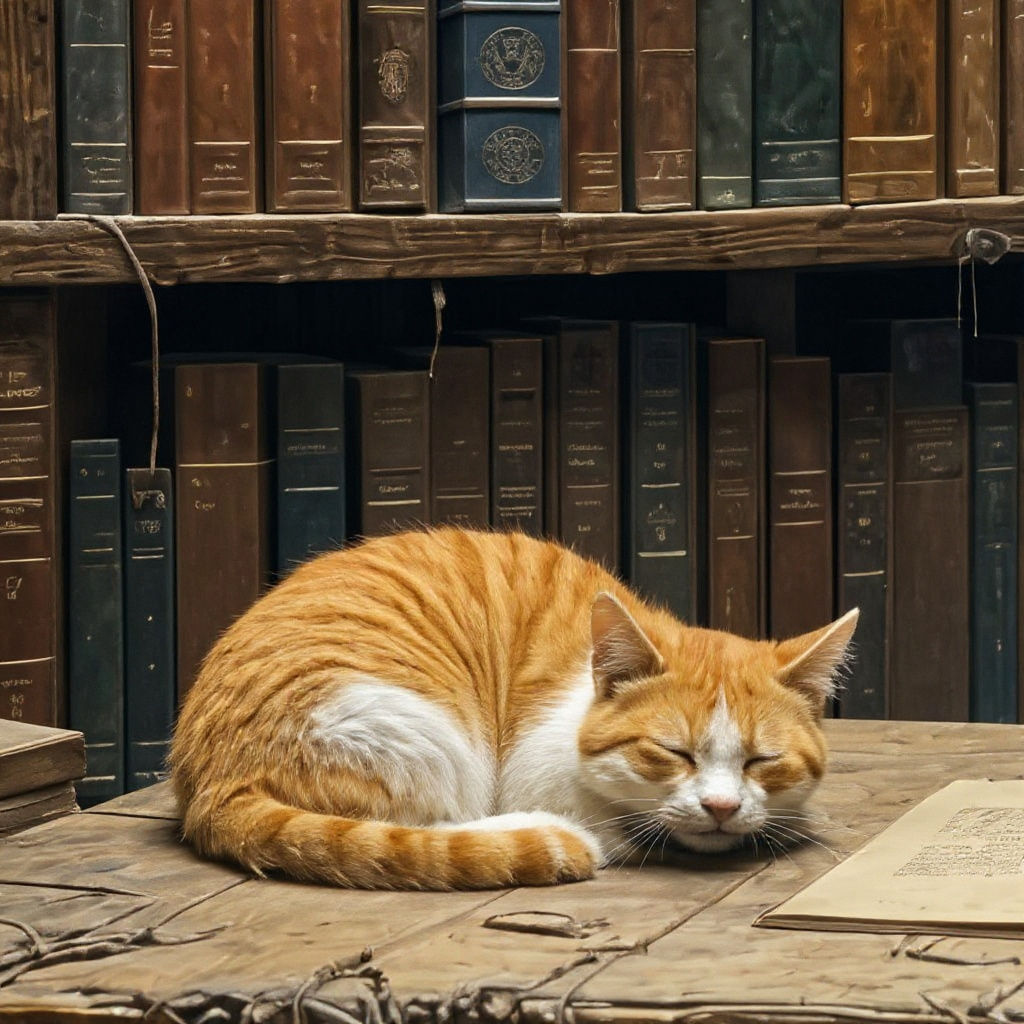 Sleeping Tabby Kitten in Ancient Library, Realistic Style