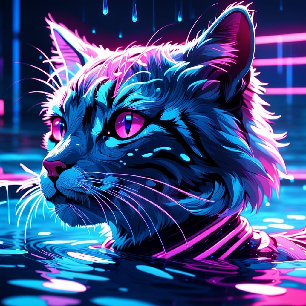 Cat Girl Swimming in Neon-Lit Synthwave Pool