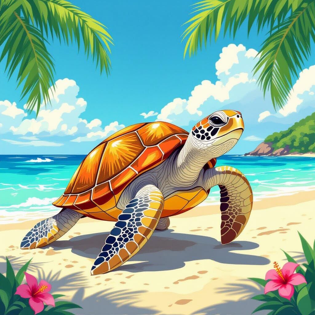 Singing Turtle Dancing on Tropical Beach, Colorful Art