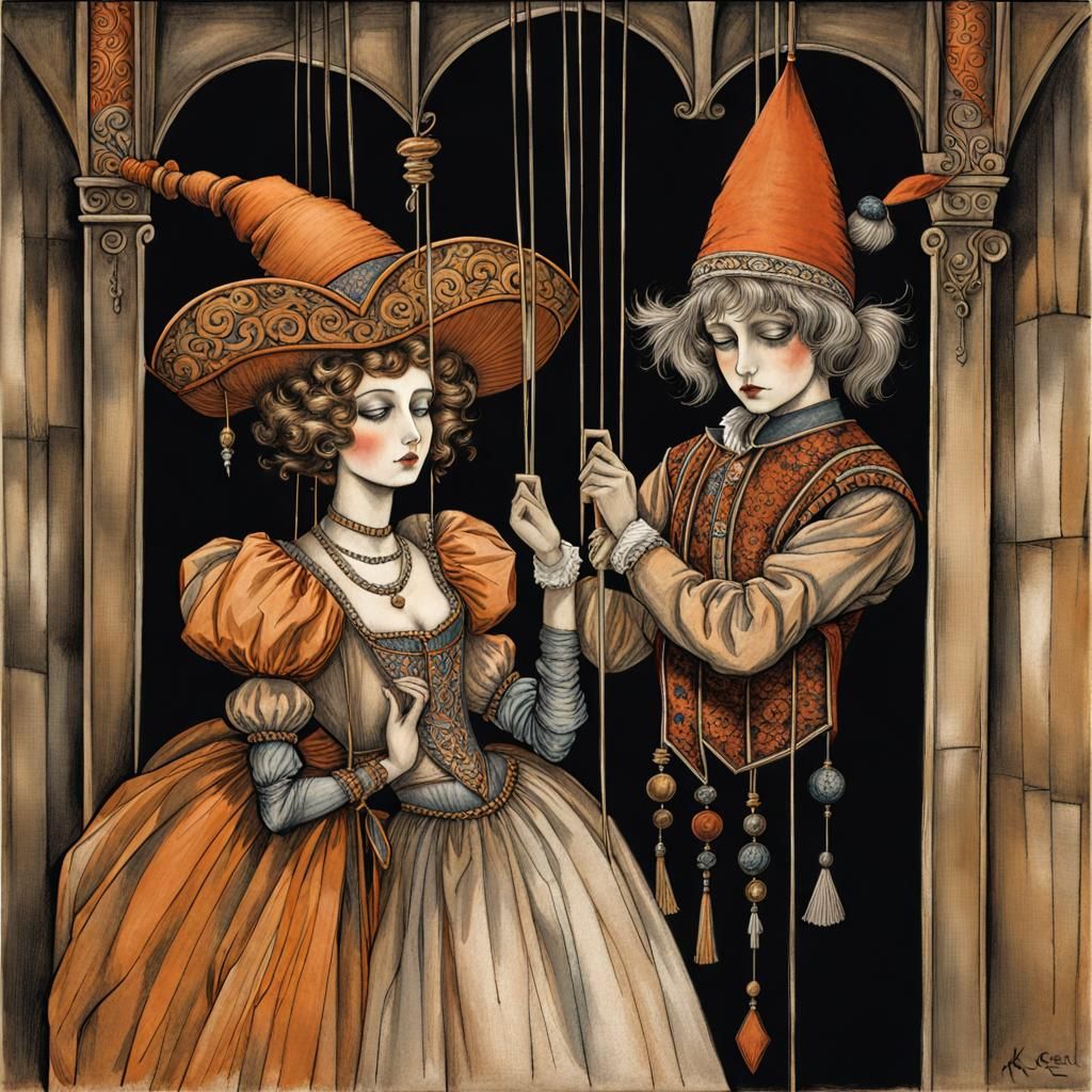 two marionettes kissing in the storeroom 6