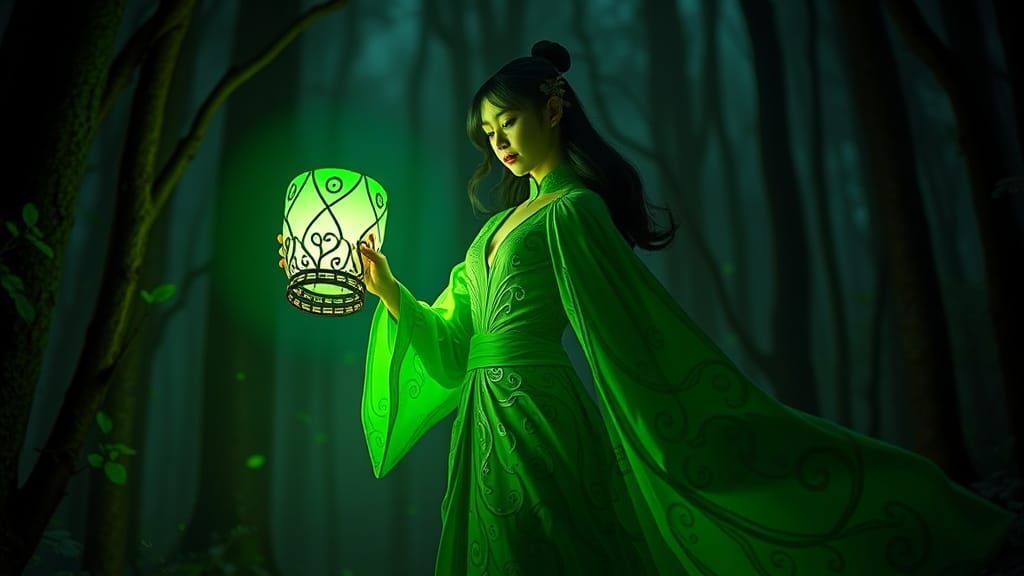 Emerald Superheroine Lights Forest Path