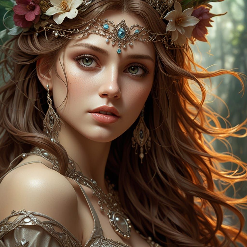 Beautiful Flower Queen Portrait in Digital Art Style