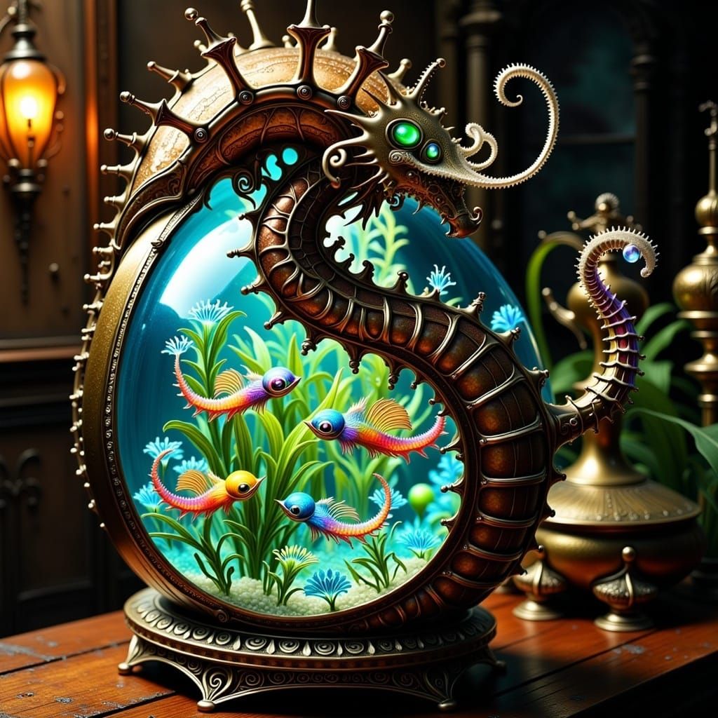 Steam-Powered Seahorse Aquarium in Intricate Victorian-Style