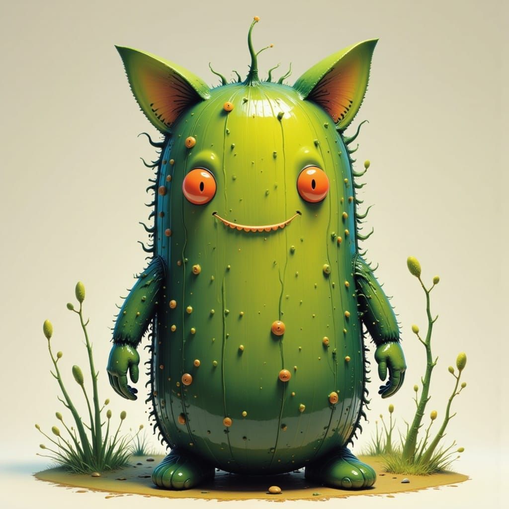 Cute Fat Pickle Cat Hybrid in Whimsical Style