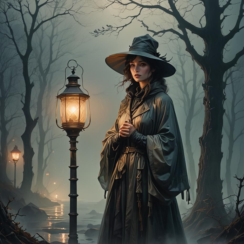 Girl with Lantern in Fog: Dark Fantasy Art