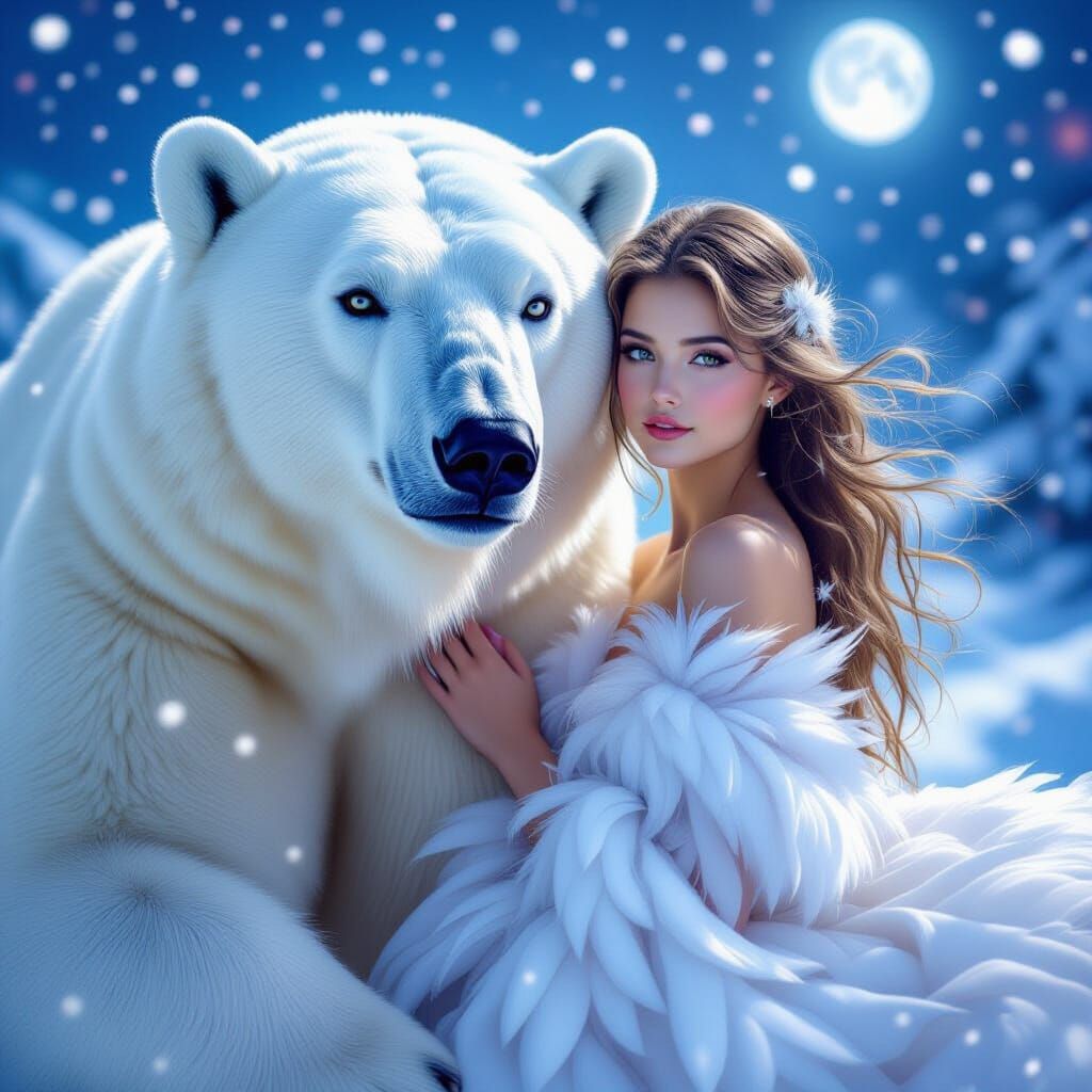 Majestic Polar Bear & Girl in Dreamy Moonlight