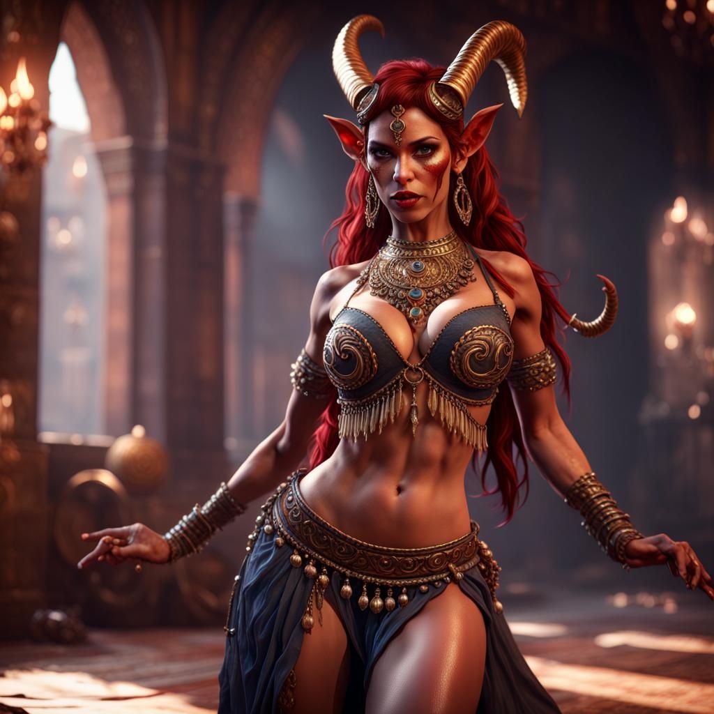 Tiefling Bellydancer in 3D Game Cinematic Style