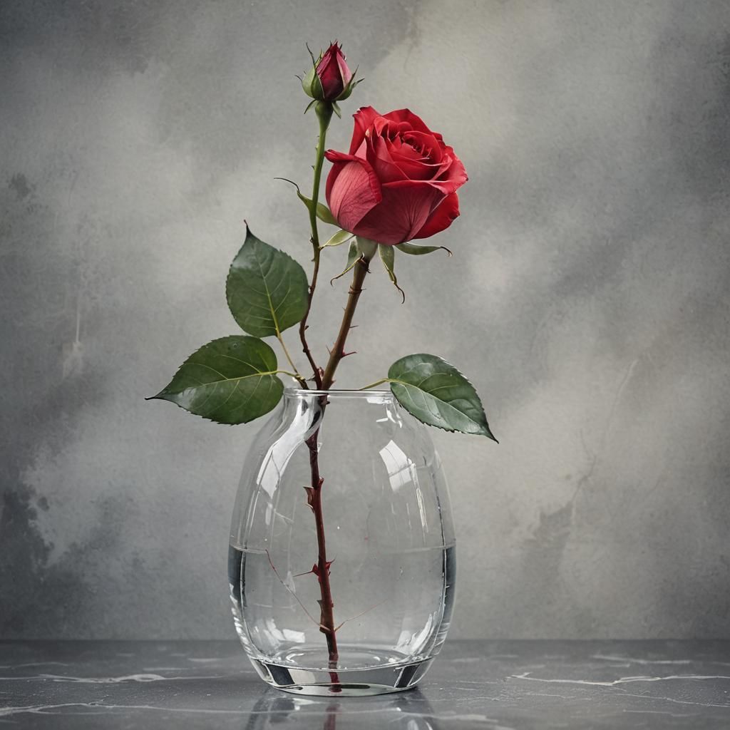 Red Rose in Vase: Line Art Watercolor Photography