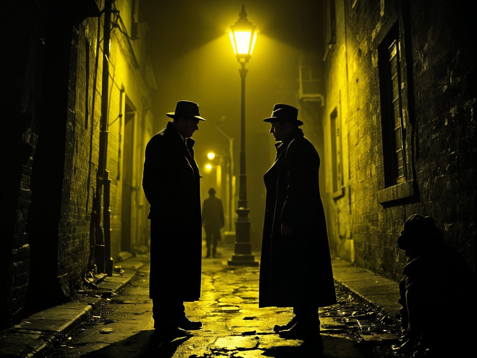 Film Noir Detectives Interrogation in Dark Alleyway