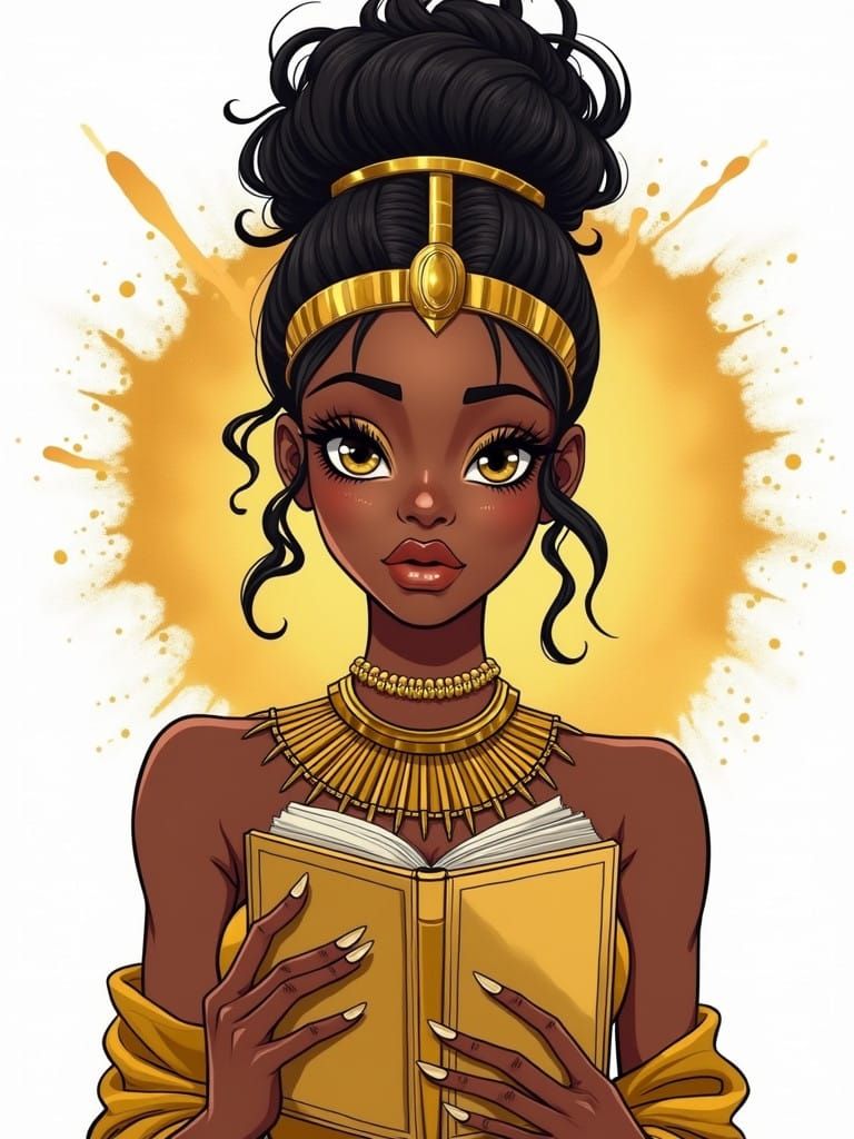 Afrocentric Queen in Gold Crown Anime Illustration