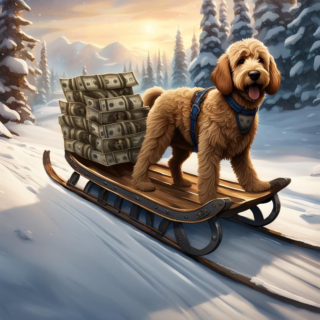 Goldendoodle Pulling a Sled of Money in Matte Painting