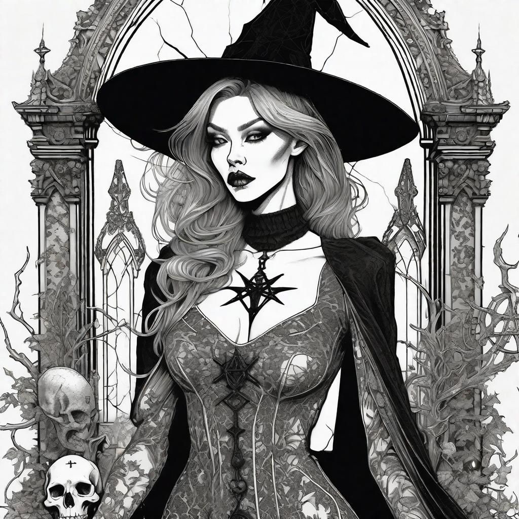 Gothic Witch Portrait in Black and White Line Art