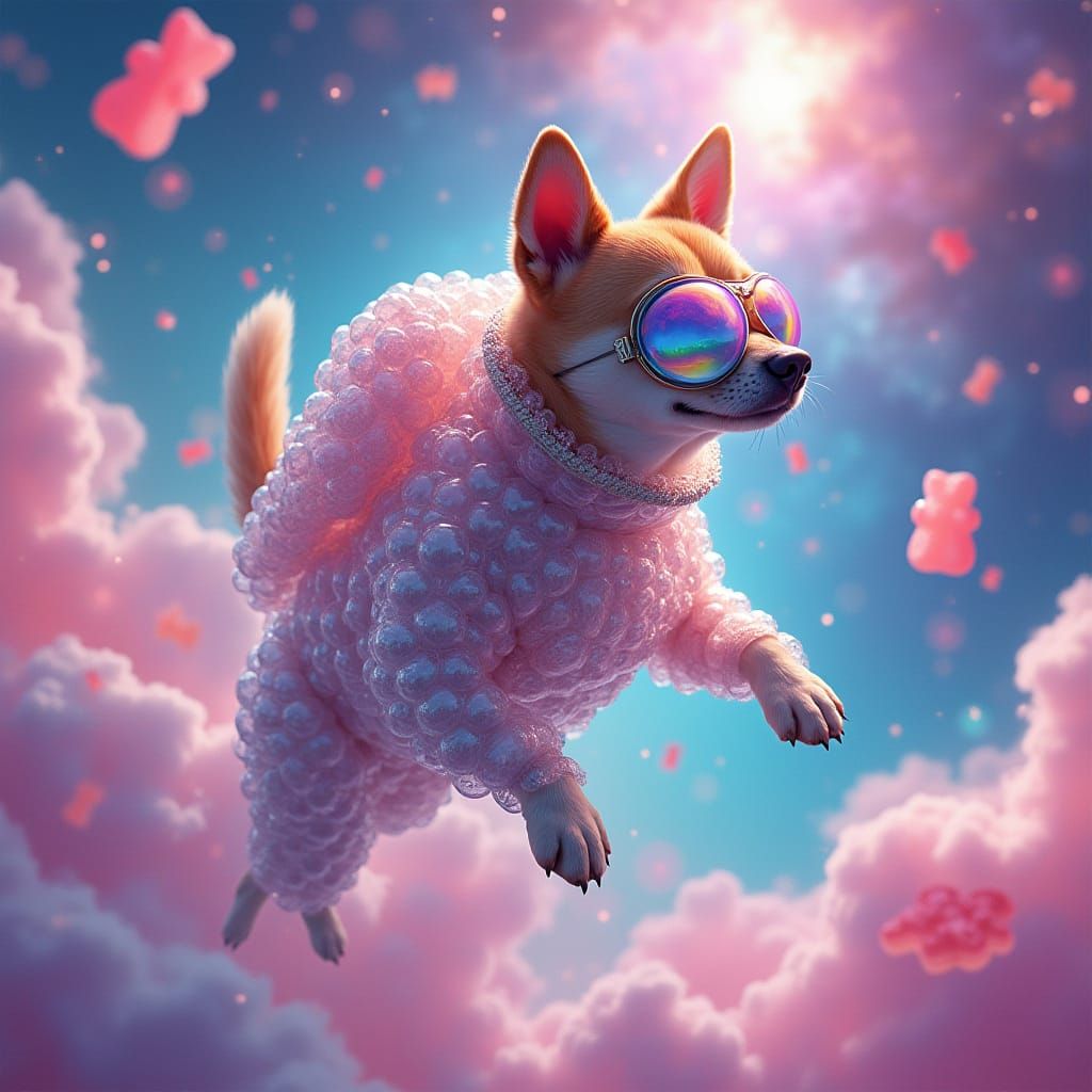 Dog in Bubble Wrap Spacesuit Among Gummy Bears
