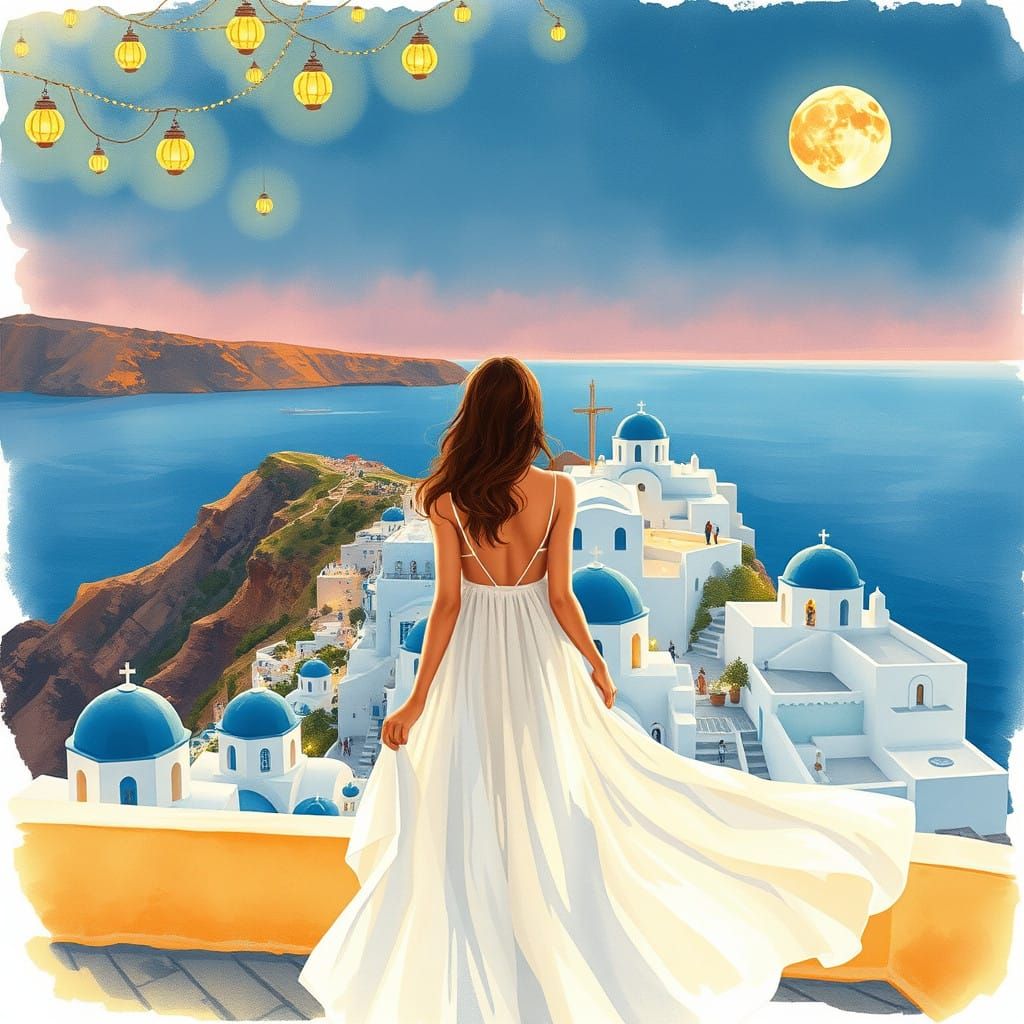 Dreamy Santorini Nightscape in Whimsical Watercolor Style