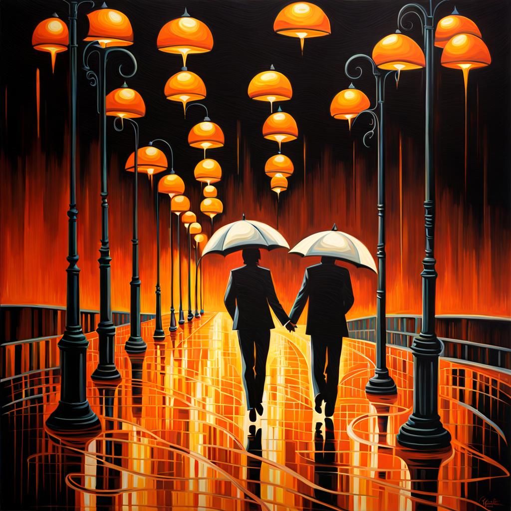 Couple in Orange Rain: Whimsical 70s Oil Painting