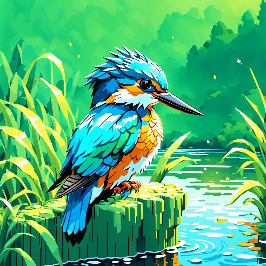 Kingfisher on Riverbank in 16-bit Pixel Art