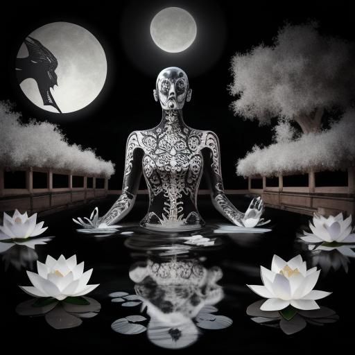 Goth girl swimming in lotus pond, photorealistic