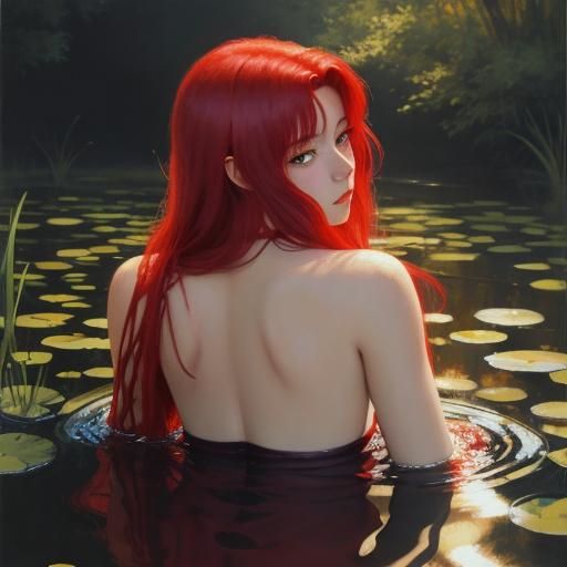 Sorrowful Redhead Floats in Pond: 80s Anime Style