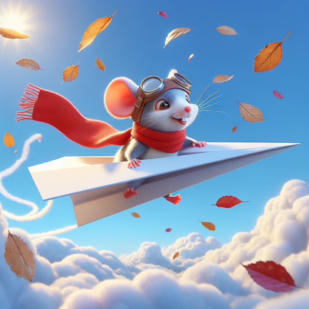 Whimsical Mouse Soars on a Paper Airplane in Autumn