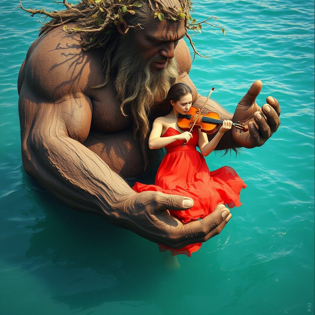 Gentle Tree Giant Cradles Violinist in Turquoise Sea