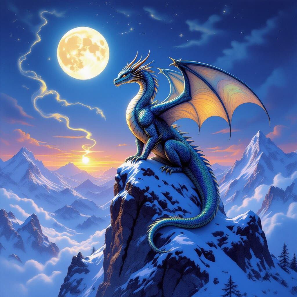 Majestic Dragon on Snowy Peak Overlooking Mystical Valley
