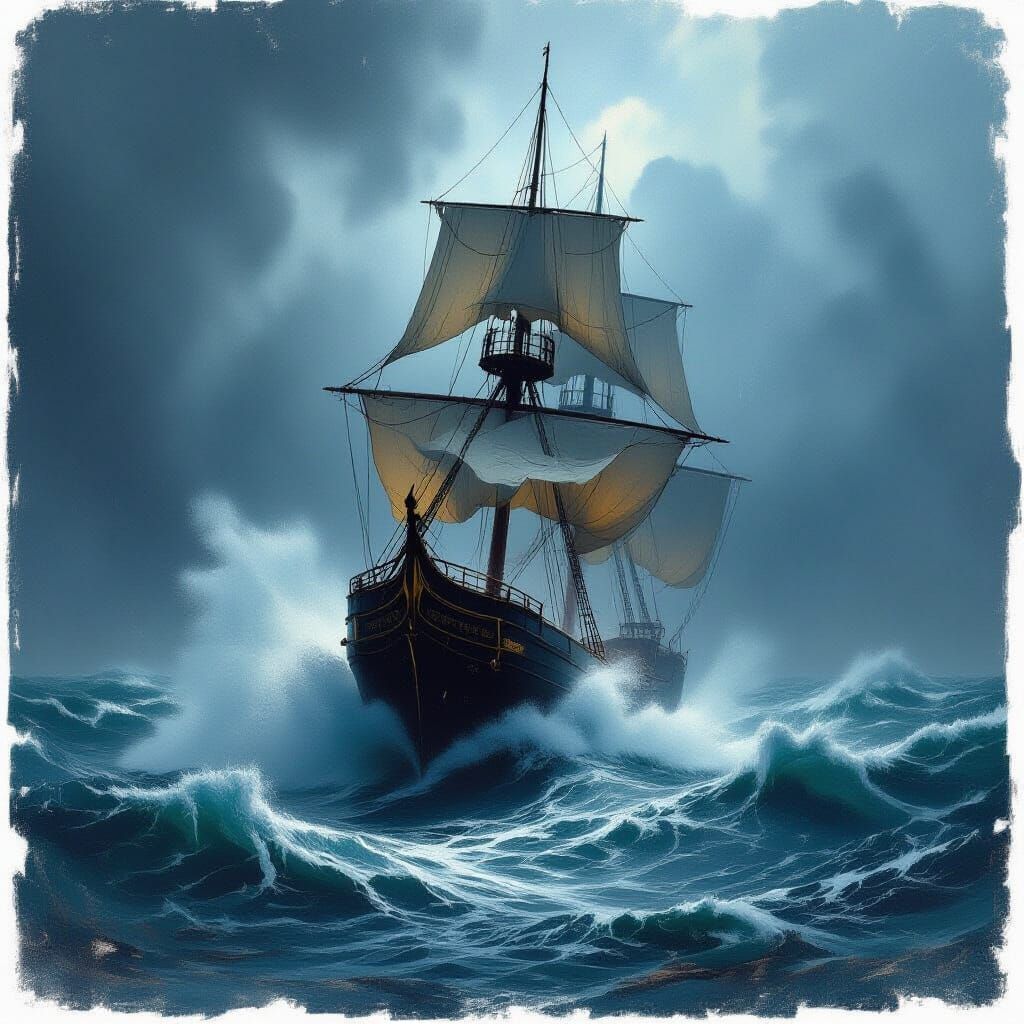 Ship Caught in Storm Inspired by Romanticism