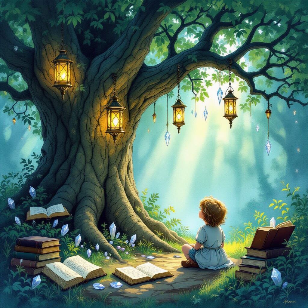 Child Listens to Wise Tree in Magical Grove