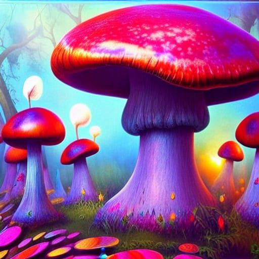 [(Alice in Wonderland) :: (giant colorful mushrooms)]; storybook art, a masterpiece, cinematic, epic, expansive, [by Ann...