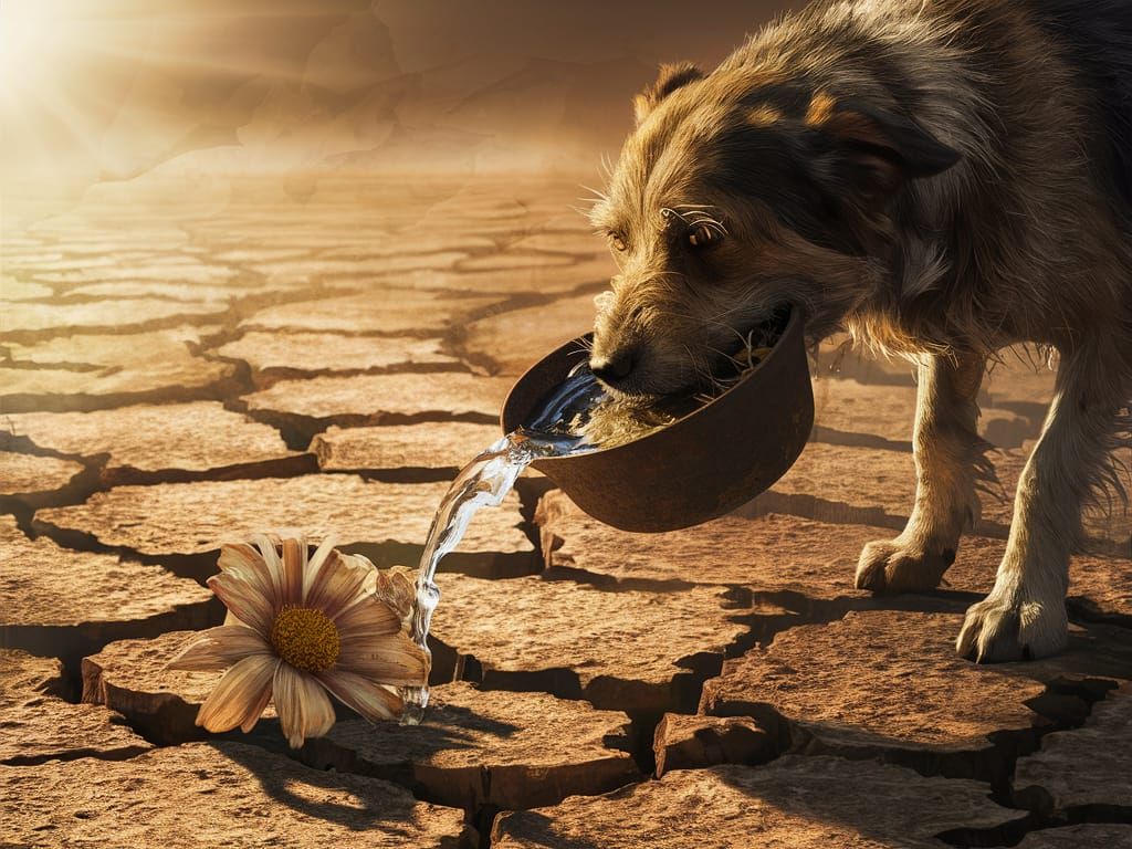 Compassionate Dog Waters Flower in Arid Landscape