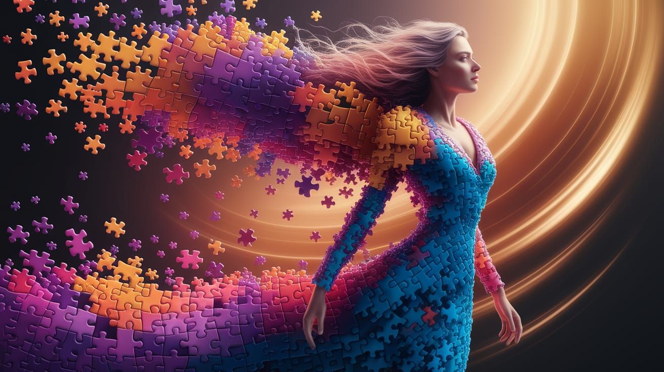 Surreal Woman Dissolves into Interlocking Puzzle Pieces