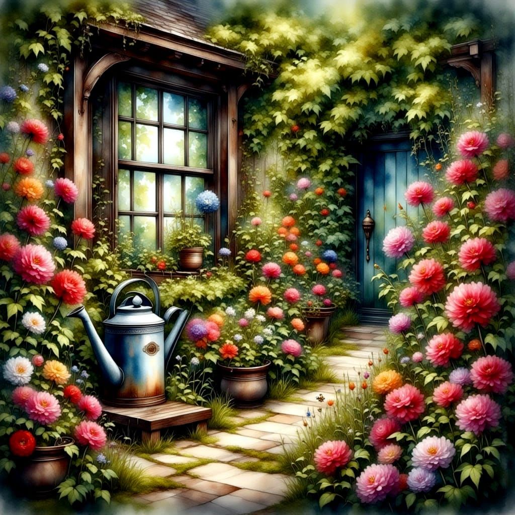 Enchanted Garden Path with Roses, in Watercolor Style