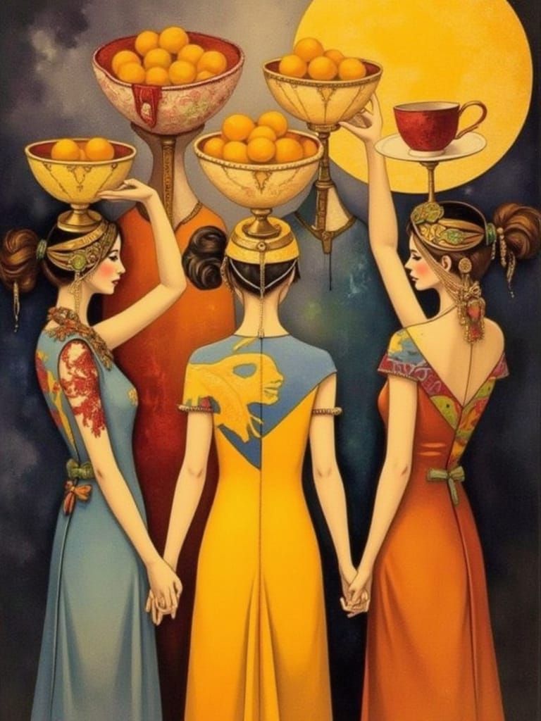 Ethereal Goddesses with Vibrant Fruits in Harmonious Hues