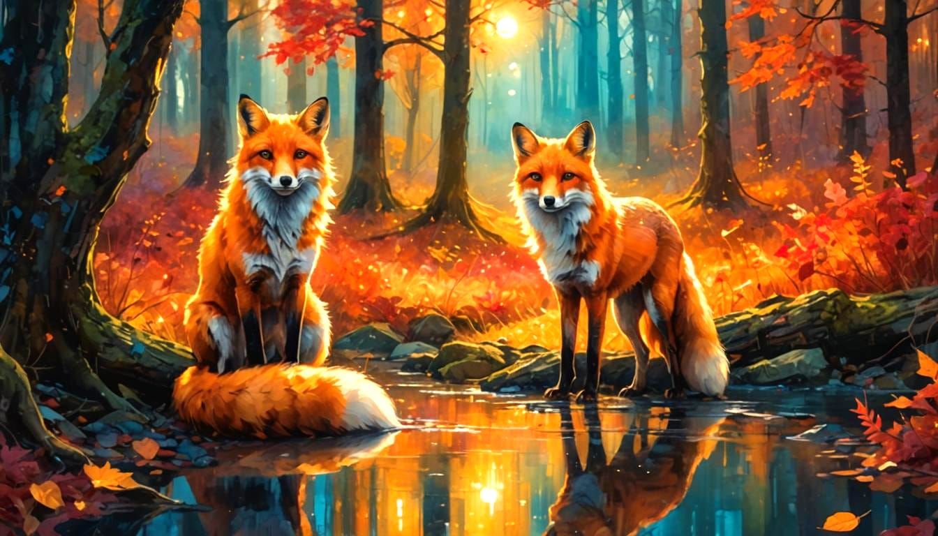 Mystical Red Fox Couple in Autumn Forest