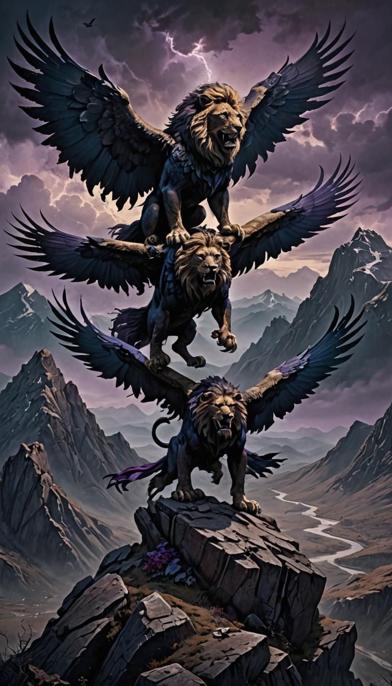 Menacing Lion-Eagle Hybrid on a Mountain Peak
