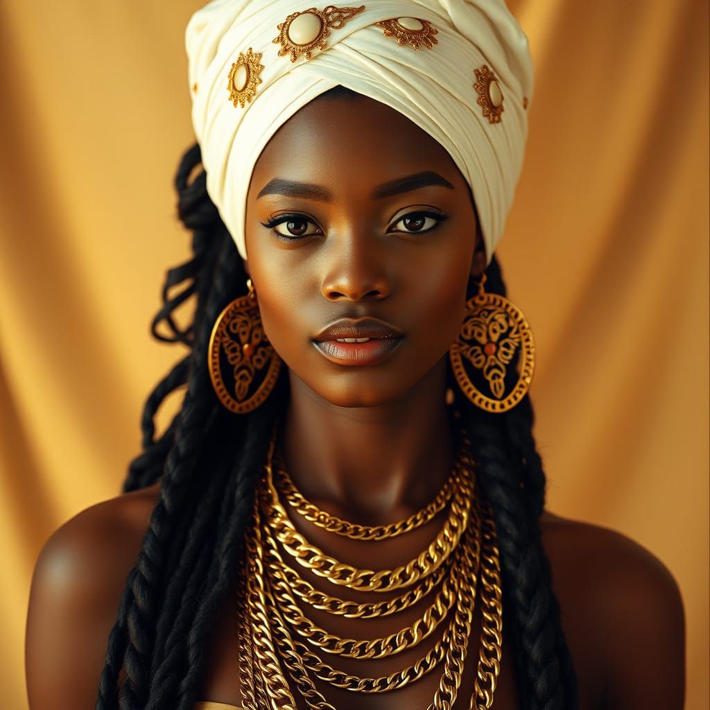 Elegant Black Woman in Golden Attire with Loose Braids