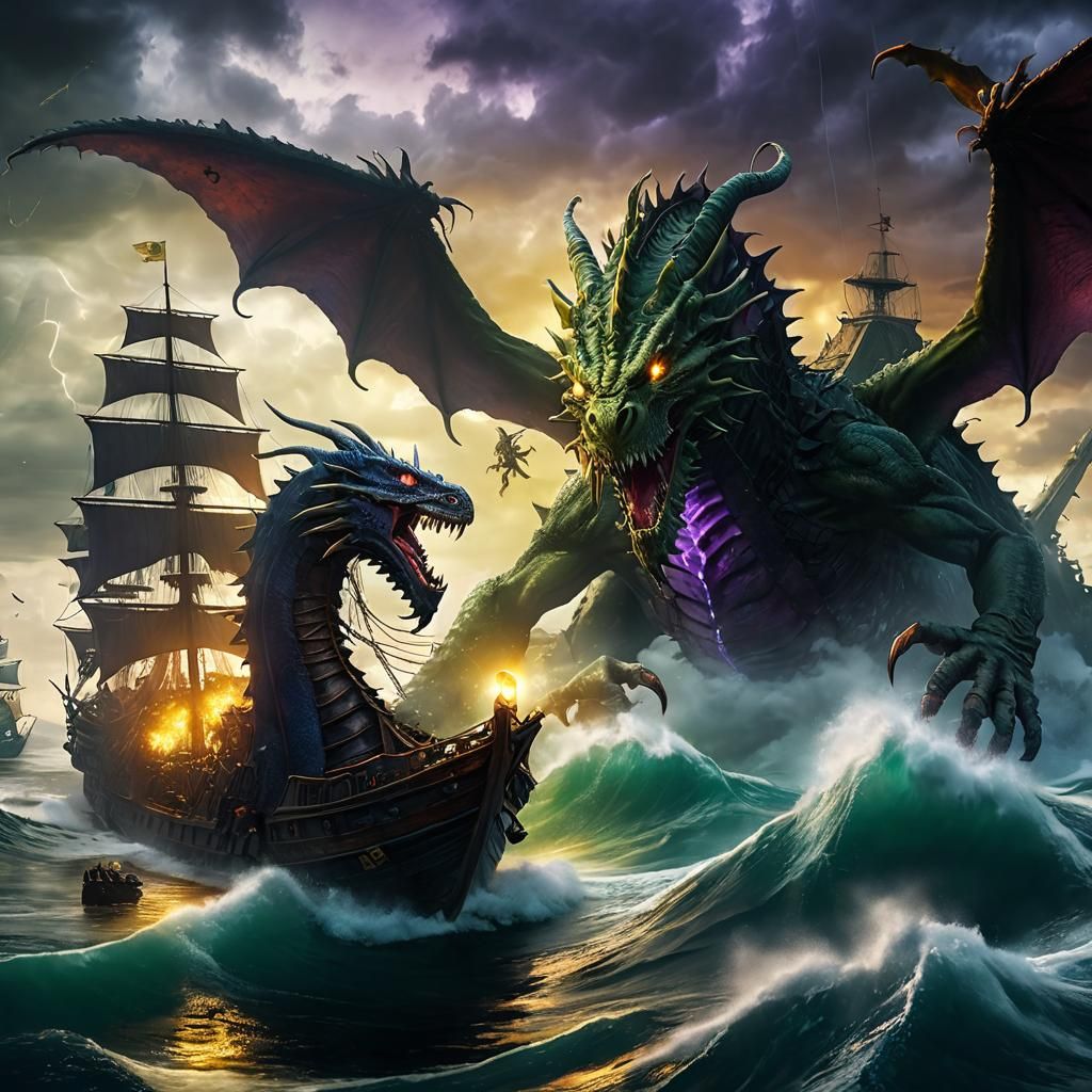 Epic Sea Battle: Dragon vs Cthulhu in Digital Art