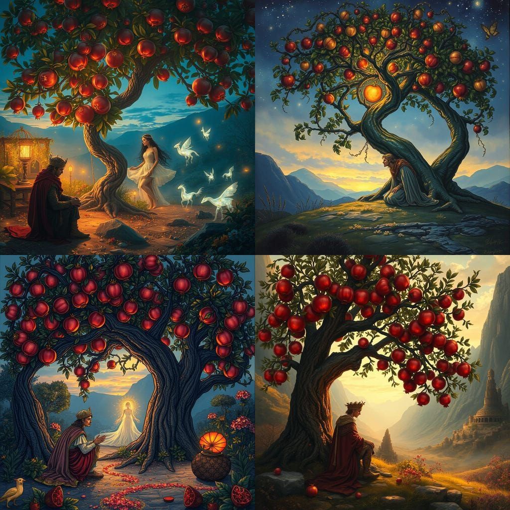 Enchanted Pomegranate Tree in Mystical Mountain Garden