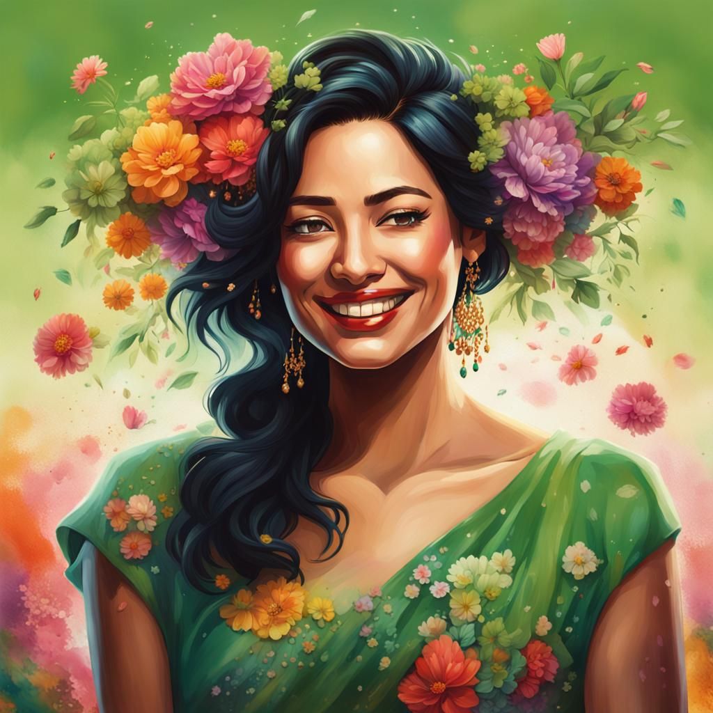 Olive-Skinned Woman with Flowers, Hyper-Realistic Splash Art